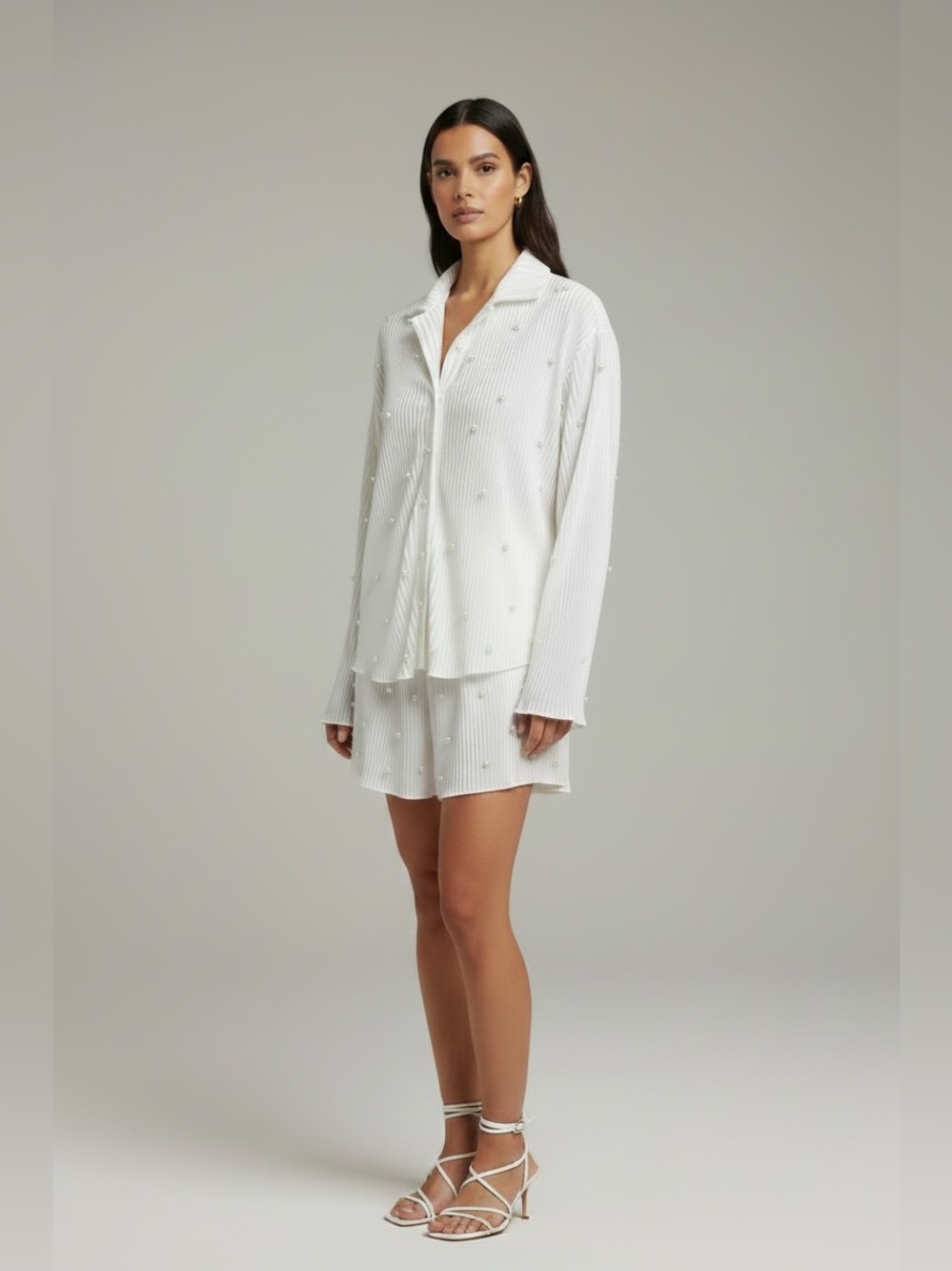 NWOT Waverles White Pleated Pearl Satin Shirt & Shorts Two Piece Co-ord Set S